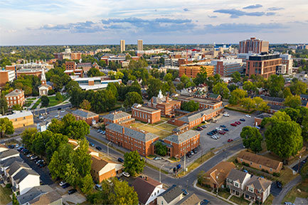 Urban campus area with green